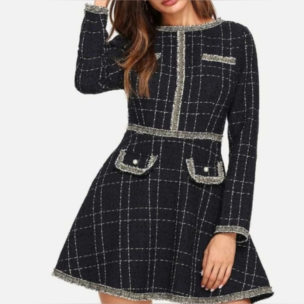 SHEIN Navy Tweed Pearl A-line Long Sleeve Dress.  Size-Small. Old Money Elegance